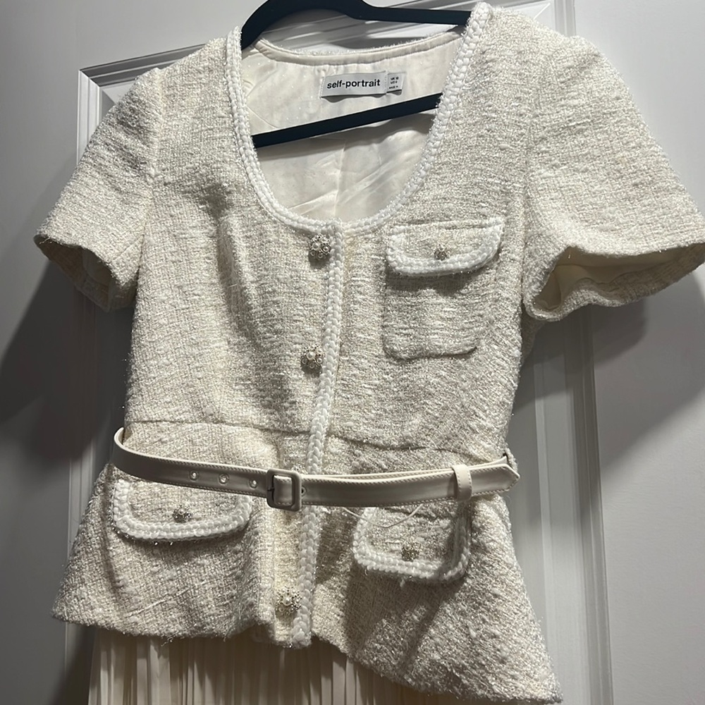 Self Portrait White Blazer Dress Tweed Cream Size US 6